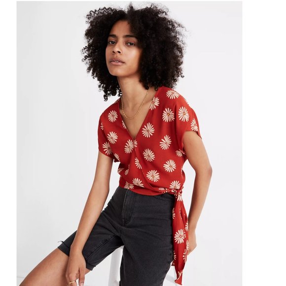 Madewell Tops - Madewell Red Sash-Tie Wrap Top in in Daisy Daydream Blouse P3054